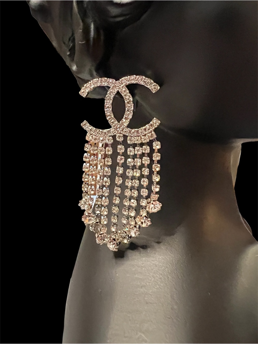 Vintage ChaneI Large Logo Rhinestone Chandelier Earrings